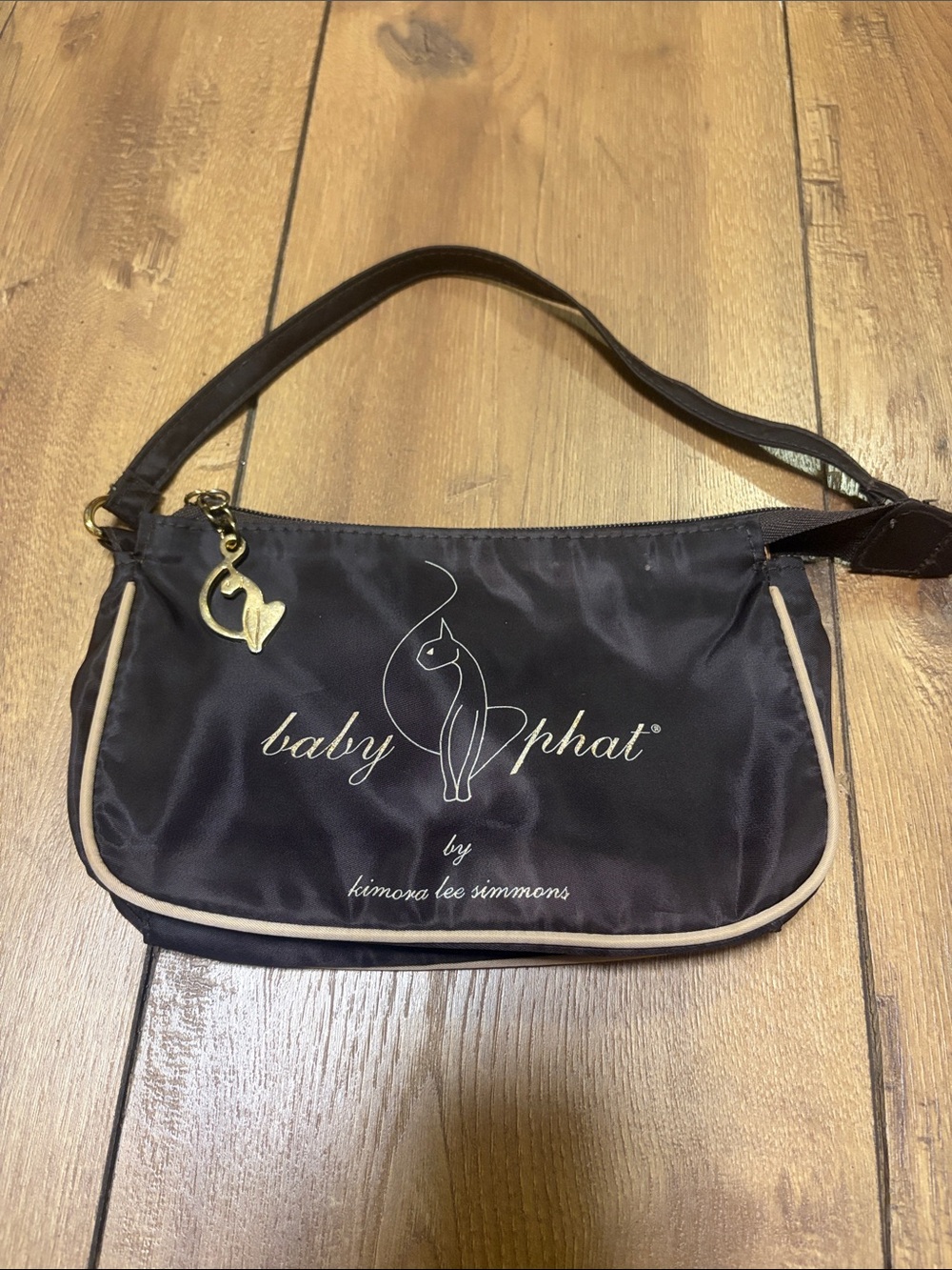 Baby Phat Black Shoulder Bag with Cream Piping and Gold Charm